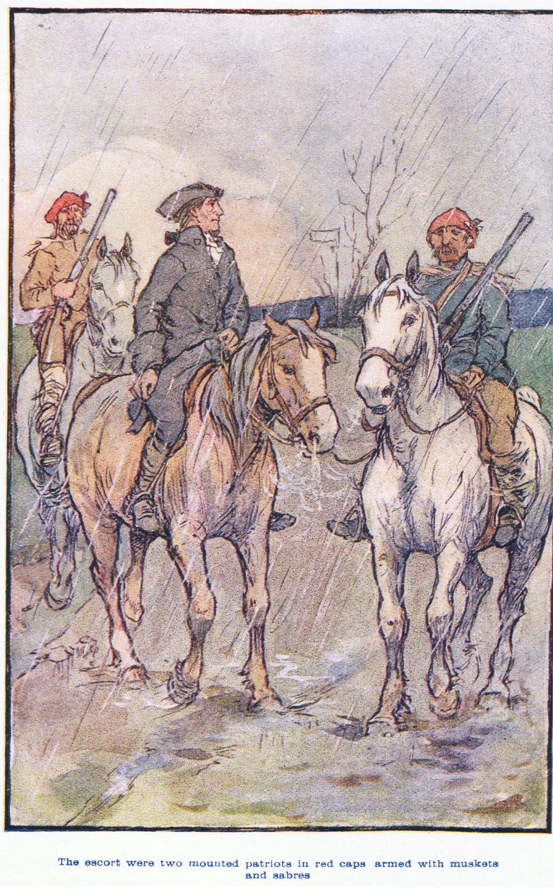 A escolta foram montados patriotas em bonés vermelhos, armados com mosquetes e sabres de F. M. B. Blaikie