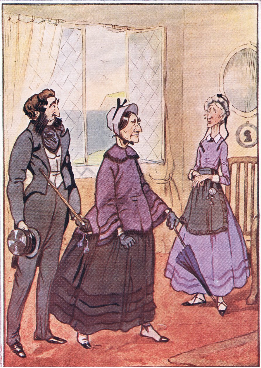 Eles caminharam arrogantemente para fora do chalé, ilustração de David Copperfield, 1914 de F. M. B. Blaikie