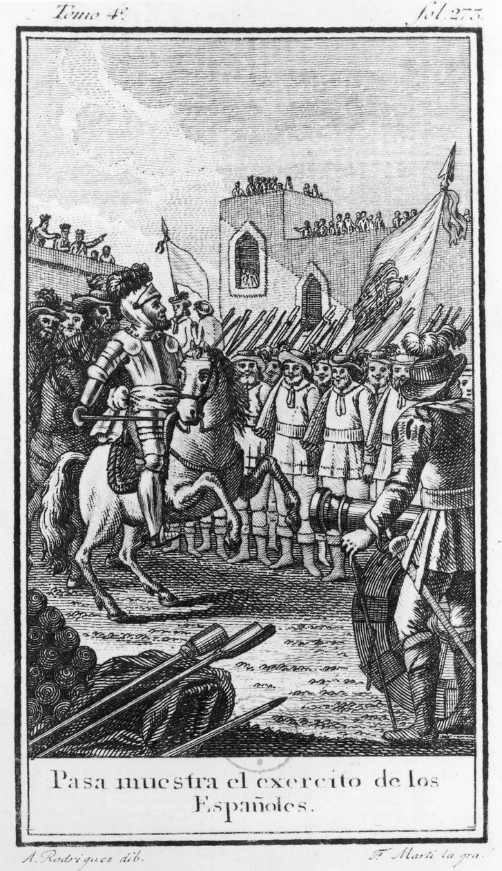 Hernando Cortes (1485-1547) Revendo suas tropas, gravadas por Antonio Rodriquez de F. Marti
