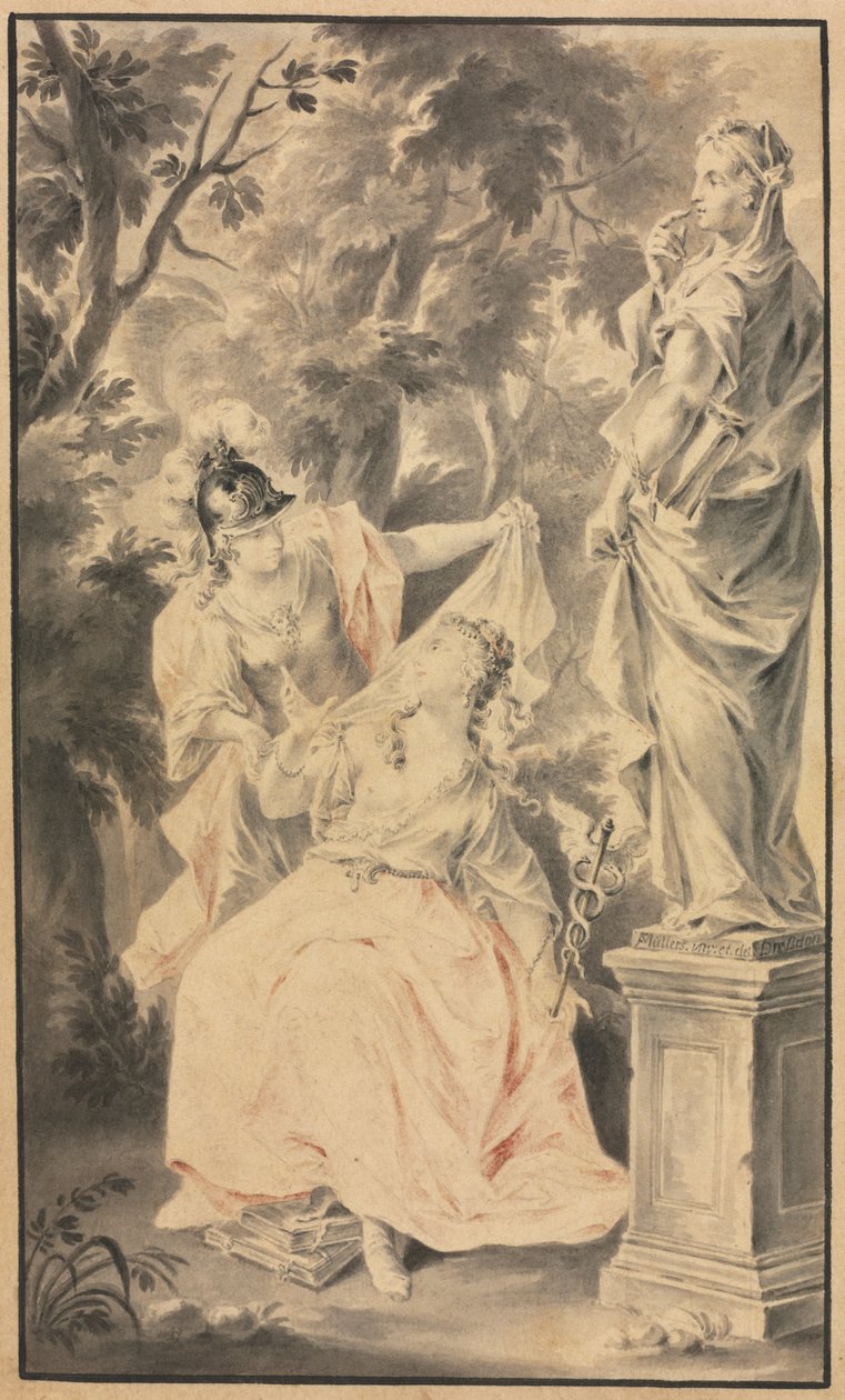 Cena alegórica: Casal diante de uma estátua, década de 1700. de F. Muller