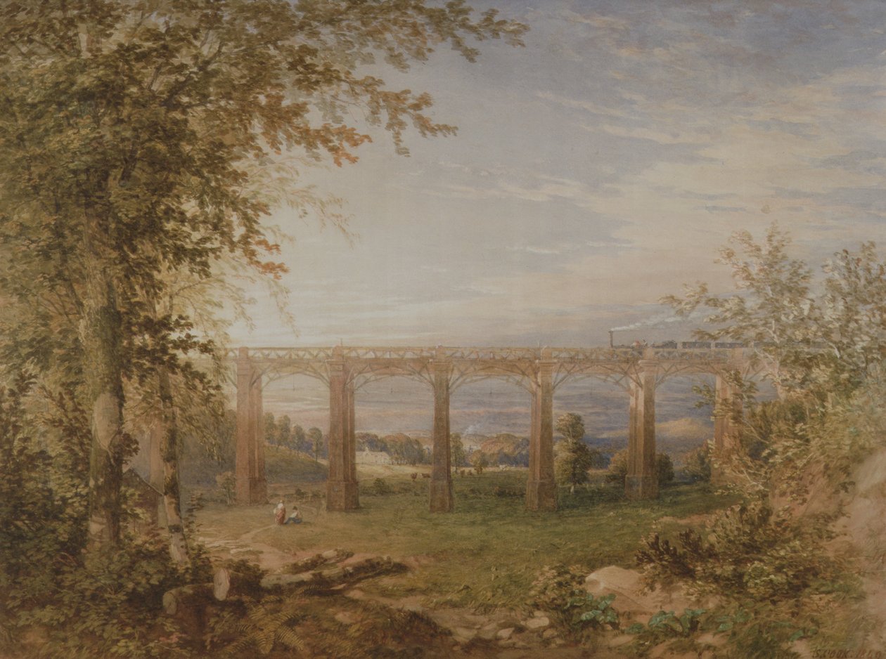 Um viaduto ferroviário de tijolos e madeira com trem a vapor, 1849 (wc on paper) (par para 3247622) de F. S. Cook