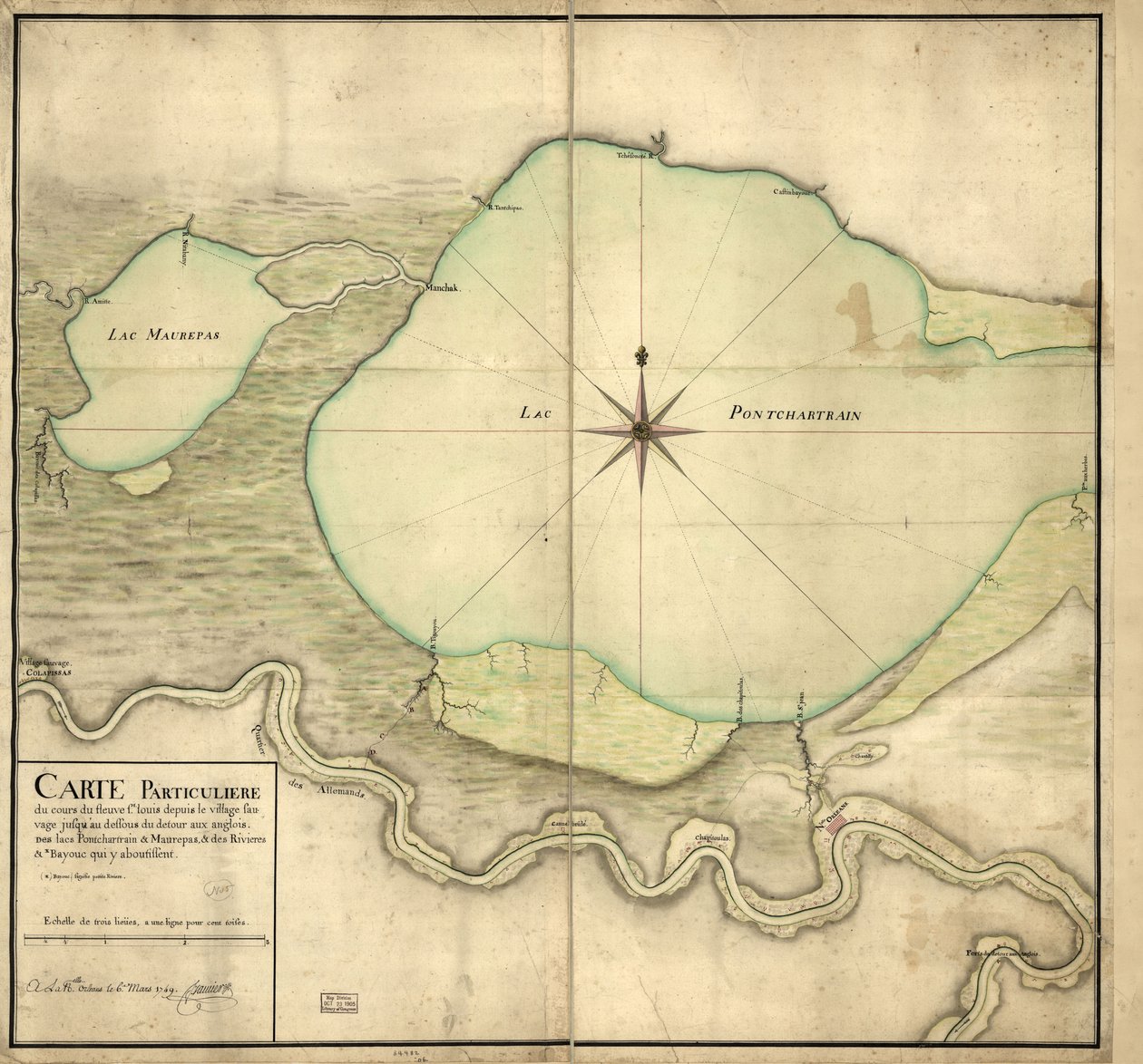Mapa particular do curso do rio St. Louis desde a aldeia sauvage até abaixo do Detour aux Angloix, dos lagos Pontchartrain e Maurepas e dos rios e bayouc que a eles conduzem de F. Saucier