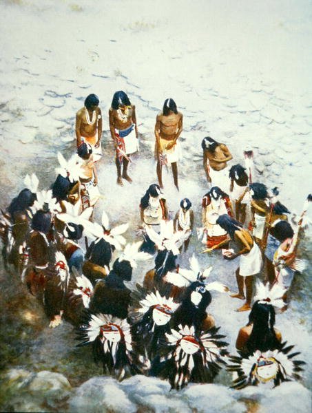 Cerimônia de Lenya, Walpi Pueblo, c.1900 (cor litho) de F. Seth