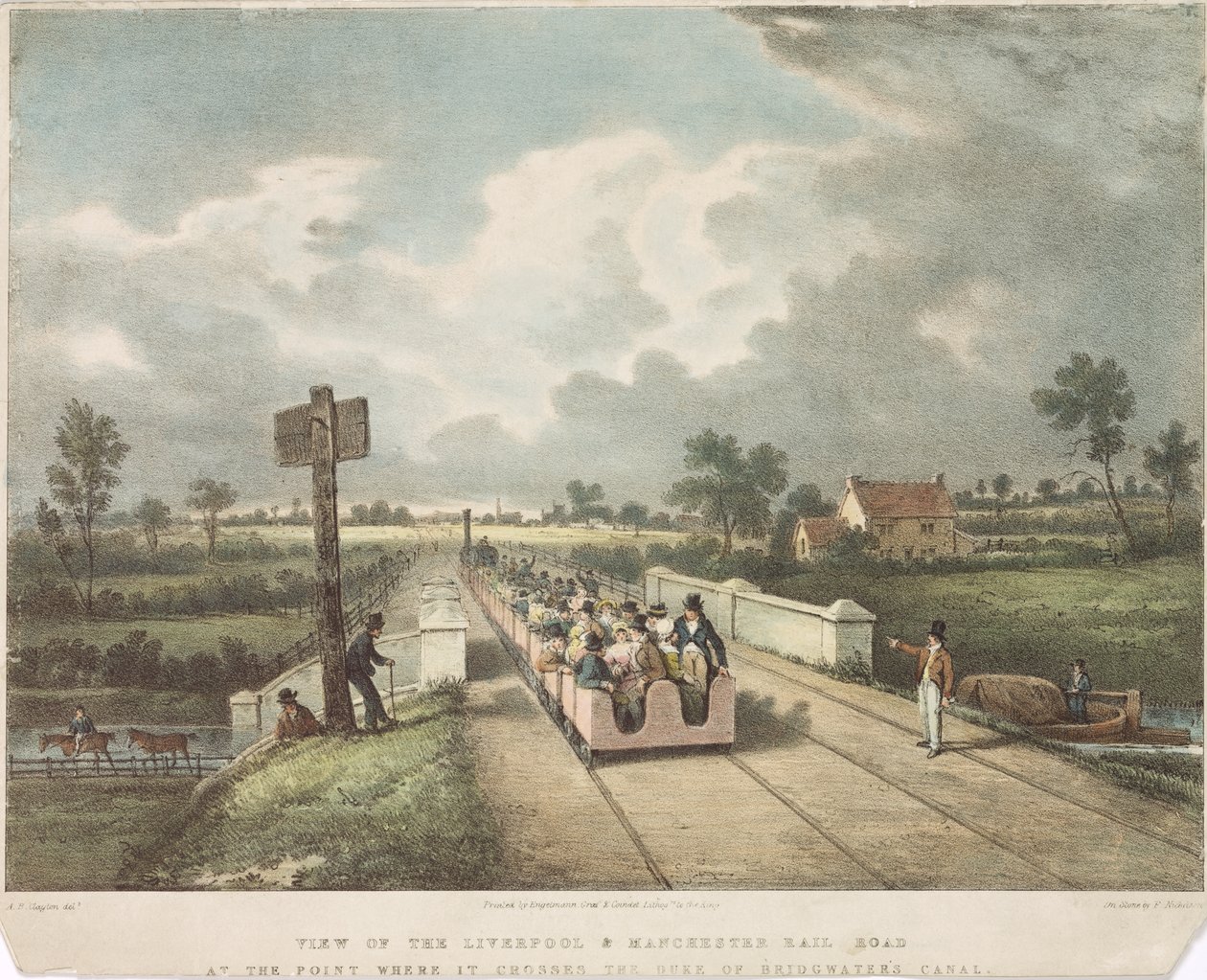 Vista da estrada de ferro Liverpool & Manchester no ponto onde cruza o canal do Duque de Bridgewaters, gravado por AB Clayton, 1831 de F. after Nicholson