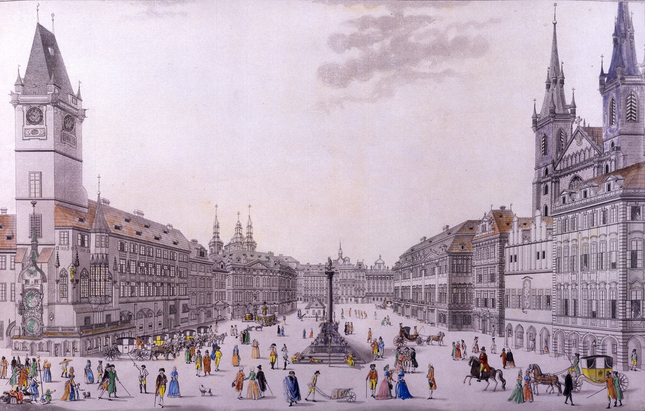 Praça da Cidade Velha, Praga (gravura colorida e gravura em cobre) de F. and Heger, P. Heger