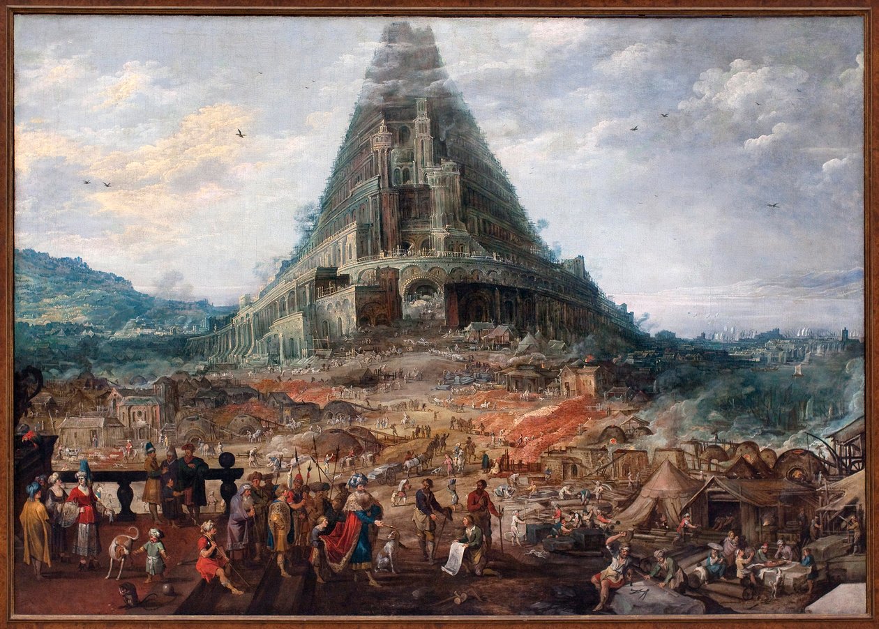 A Torre Babel. Pintura de Joos de Momper II (1564-1635), figuras atribuídas a Frans Francken II (1581-1642), óleo sobre madeira. Arte flamenga do século XVII. Museu Real de Belas Artes da Bélgica, Bruxelas. de F. and Momper J. Francken