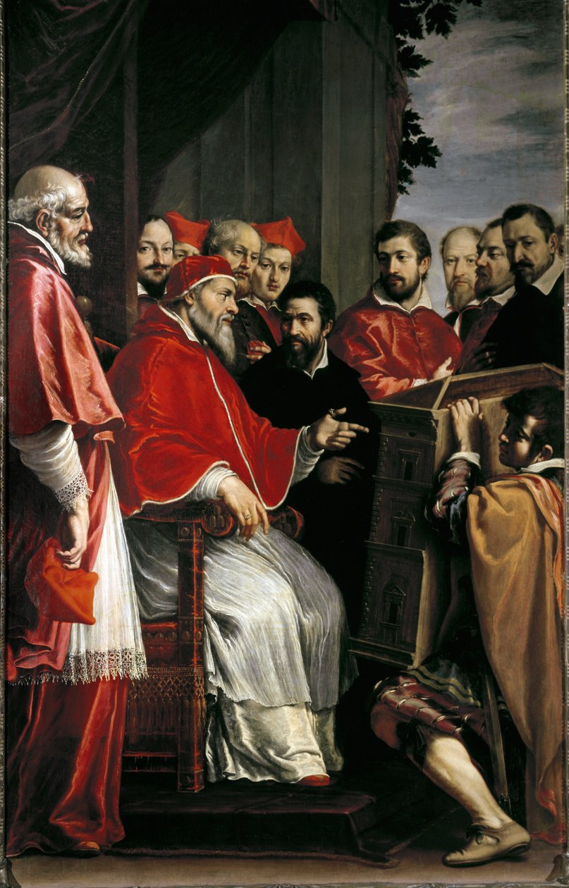 Michelangelo apresenta modelo de edifício da corte da Rota na rua Giulia ao Papa Júlio III de Fabrizio Boschi