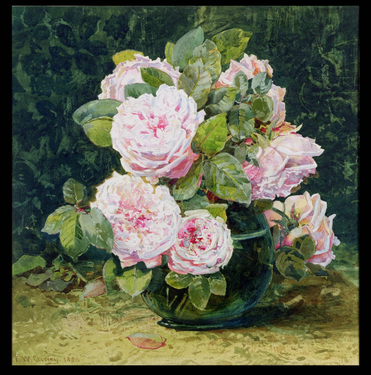 Rosas em uma tigela verde, 1880 (wc no papel) de Fanny W. Currey