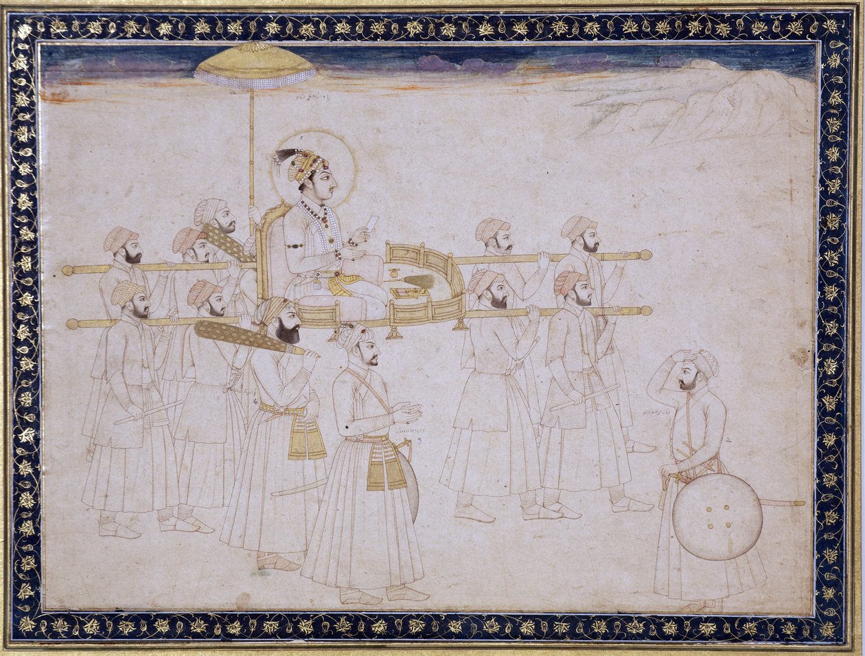 Muhammad Shah carregado em um palanquim, c.1735 (wc opaco e ouro no papel) de Faqir ullah