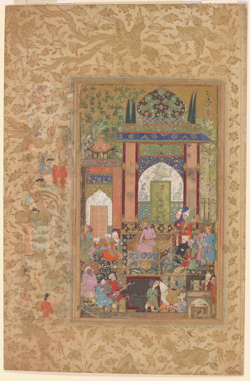 Babur recebe um cortesão, c.1580-85 (aguarela e ouro sobre papel) de Farrukh Beg