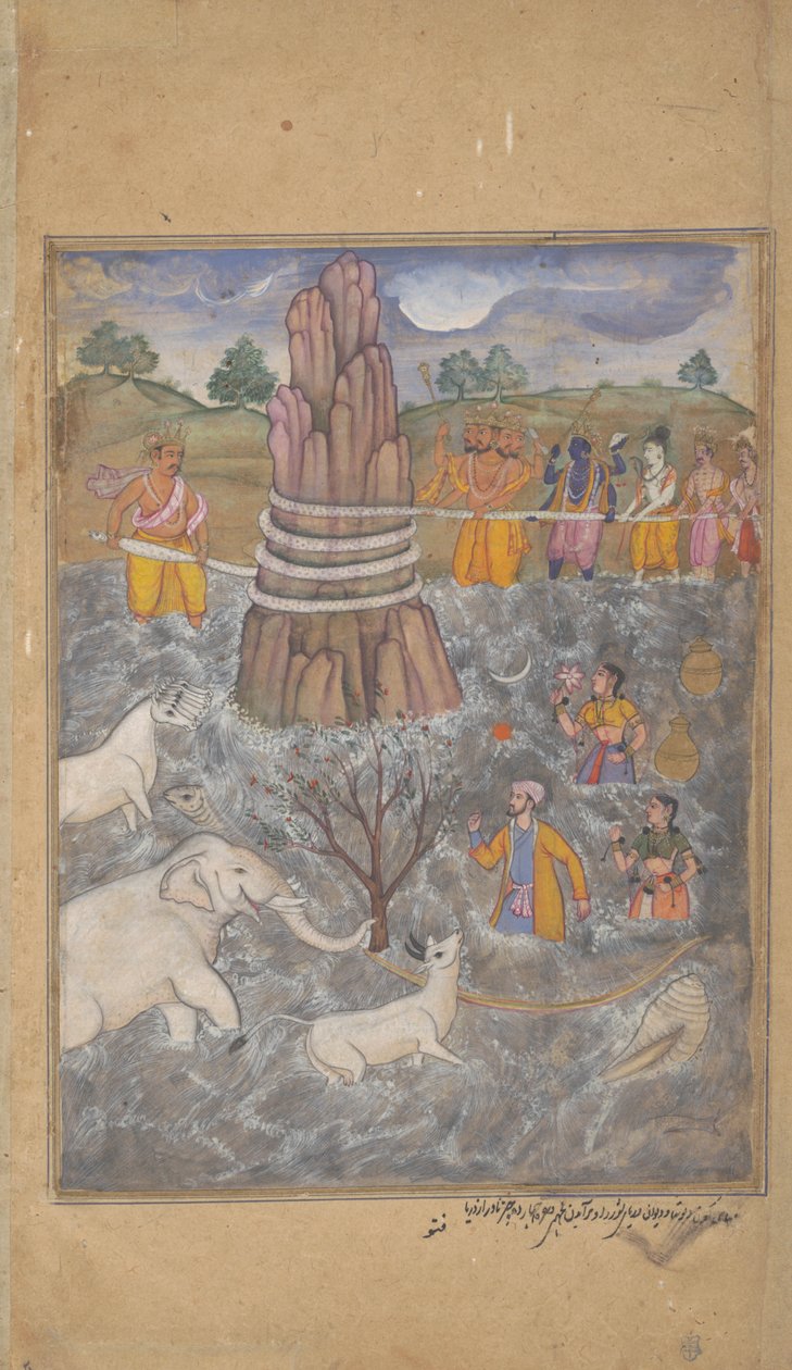 Os deuses e asuras agitam o oceano de leite, página de um Razmnama disperso, c.1598-99 de Fattu