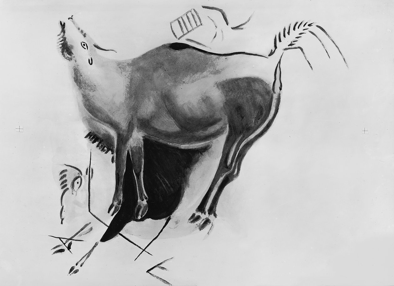Cópia de uma pintura de pedra nas cavernas de Altamira, representando um veado soltando belling (bw foto) de Fauconnet