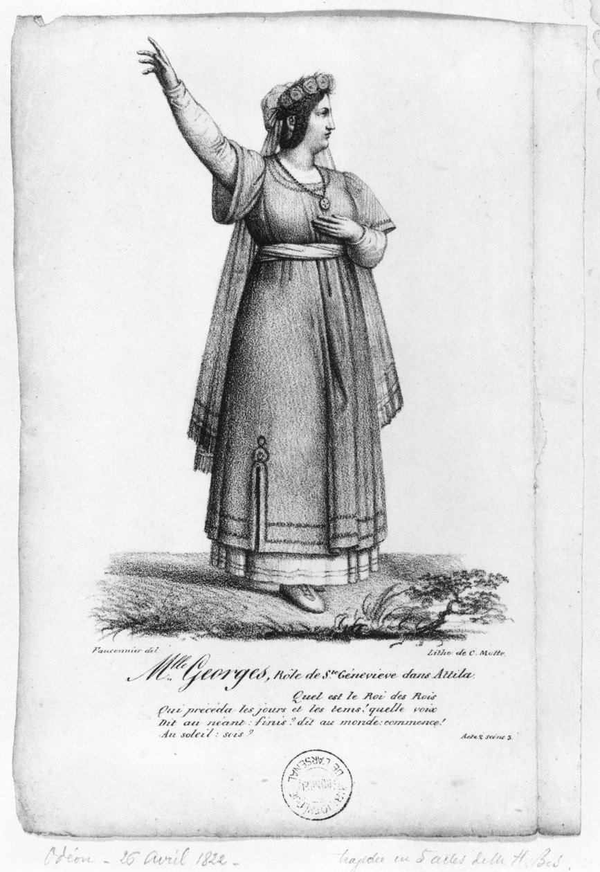 Mademoiselle George no papel de St. Genevieve do Ato II, Cena 3 de &39;Átila&39; de Pierre Corneille (1606-84) gravado por Charles Etienne Pierre Motte (1785-1836) 1822 de Fauconnier