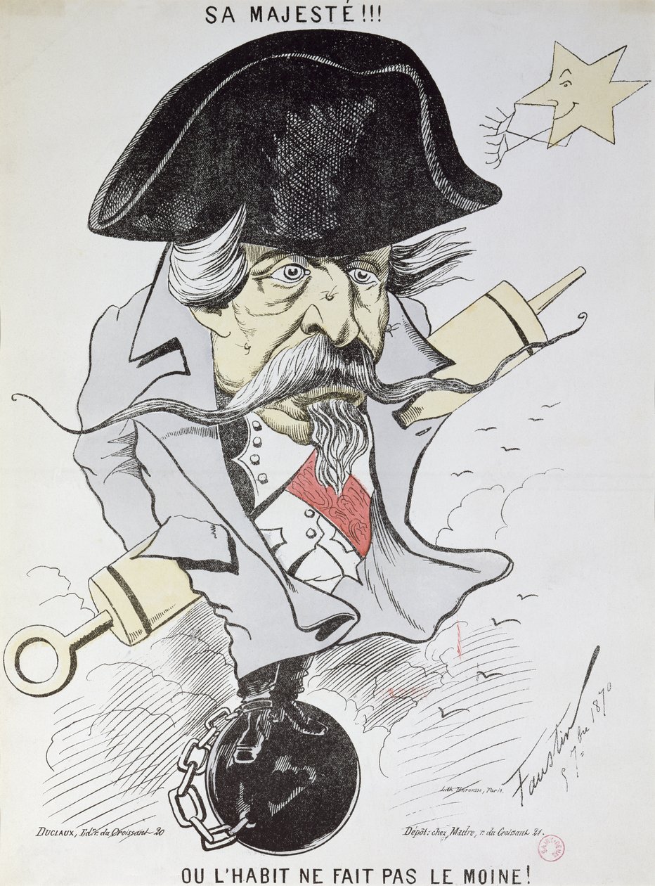 &39;Sua Majestade !!! Ou o vestido não faz o monge! &39;, Caricatura de Louis-Napoleon Bonaparte (1808-1873) 5 de setembro de 1870 de Faustin