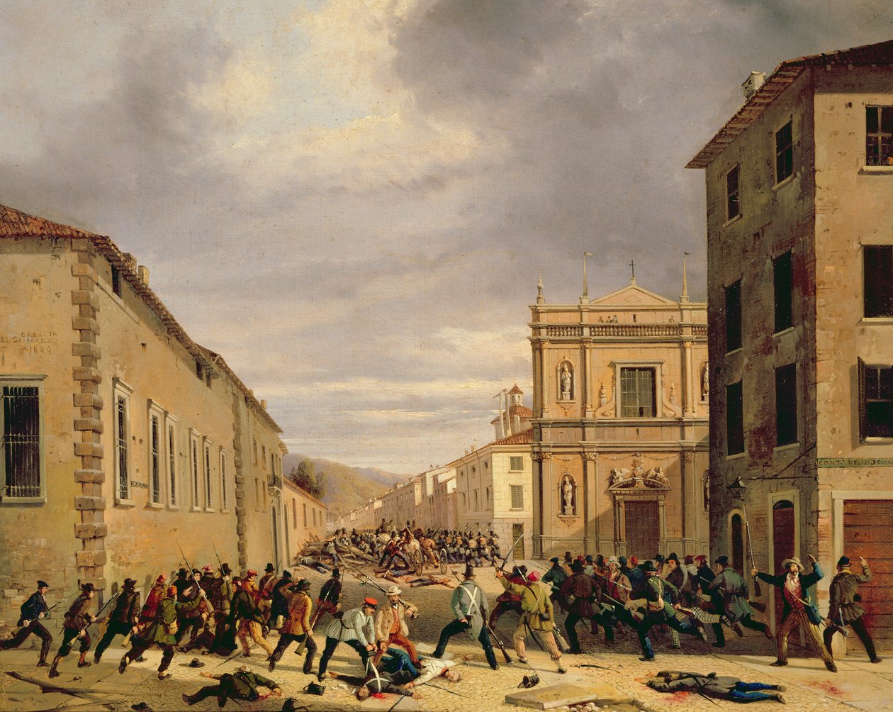 A Batalha de 21 de março de 1849 na Piazzetta Santa Barnaba em Brescia de Faustino Joli