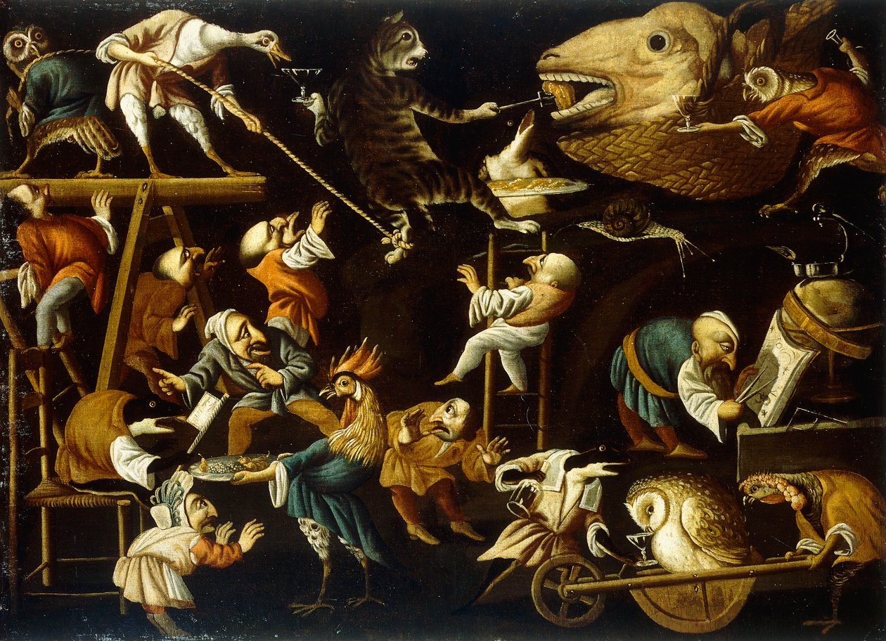 Animais imaginários e anões lutando, bebendo e festejando de Faustino Bocchi or Boccasi