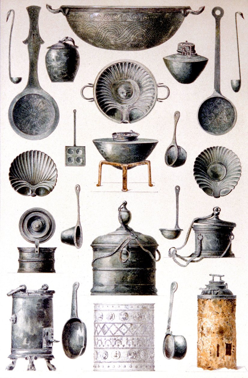 Reprodução de utensílios de cozinha, de The Houses and Monuments of Pompeii, de Fausto e Felice Niccolini, Volume IV, Suplemento, Placa XVII de Fausto and Niccolini Felice Niccolini