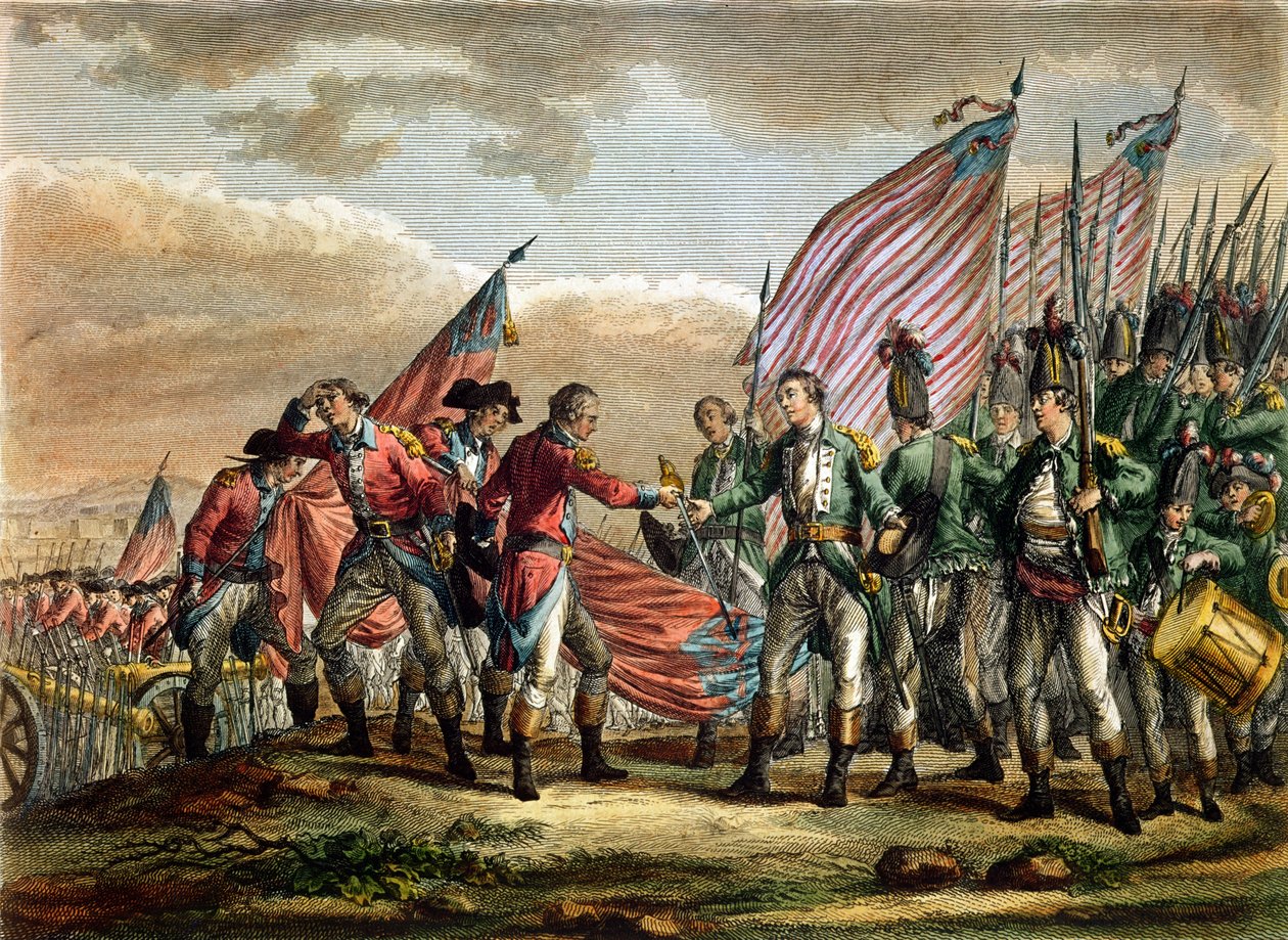 A rendição do general John Burgoyne na batalha de Saratoga, 7 de outubro de 1777, gravada por Godefroy de Fauvel