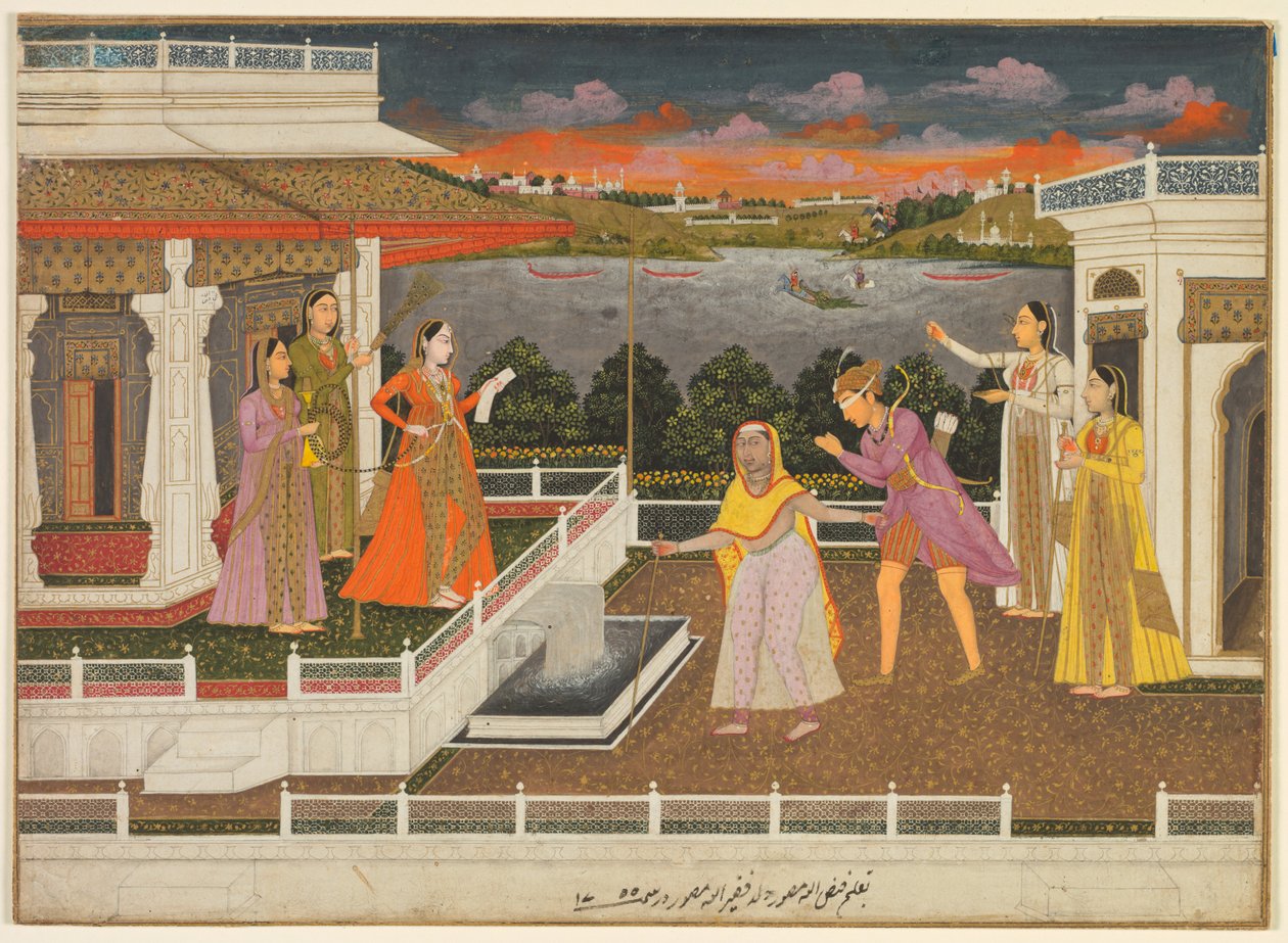 Um pretendente de olhos vendados é trazido diante de uma princesa, verso: videiras florais, 1755. de Fayzullah