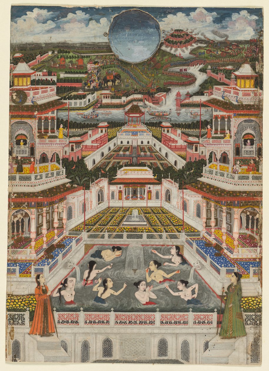 Mulheres tomando banho antes de um panorama arquitetônico de Fayzullah