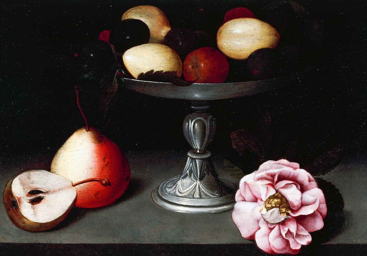 Piso com ameixas, pêras e uma rosa, cerca de 1602, de Fede Galizia (1578-1630) de Fede Galizia