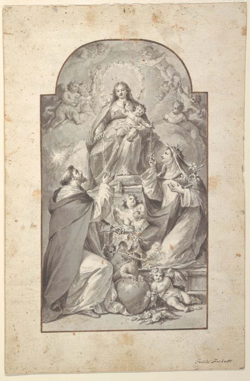 Projeto para uma pintura de altar, São Domingos e Santa Catarina de Sena recebendo o Rosário da Virgem com o Menino de Fedele Fischetti