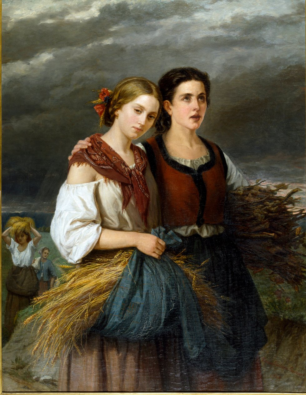O regresso dos campos Dois jovens camponeses com espigas de trigo nos aventais ficam juntos. Pintura de Federica Giuliano Gervasoni (1838-1915) 1863 Sol. 135x105 cm Genes Nervi, Galleria d