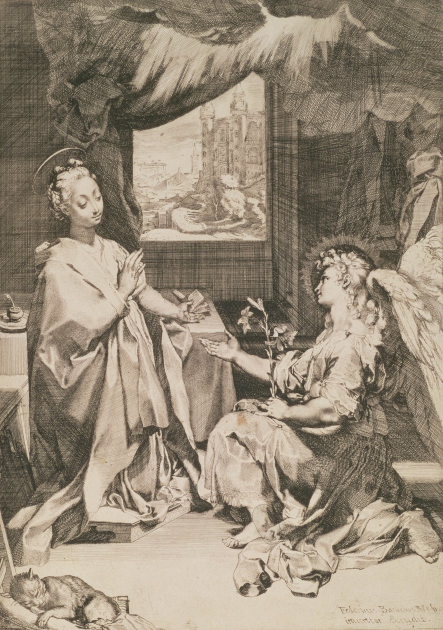 A Anunciação, c.1581 (ponto seco com gravura pontilhada) de Federico Barocci