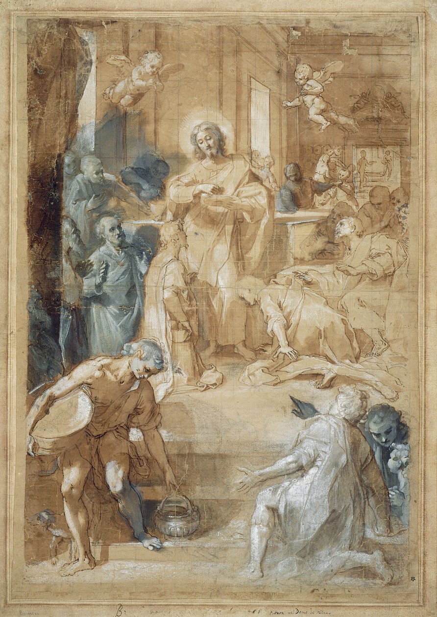 A Instituição da Eucaristia, c.1603 (tinta com lavagem, giz preto e óleo de amêndoa sobre papel) de Federico Barocci