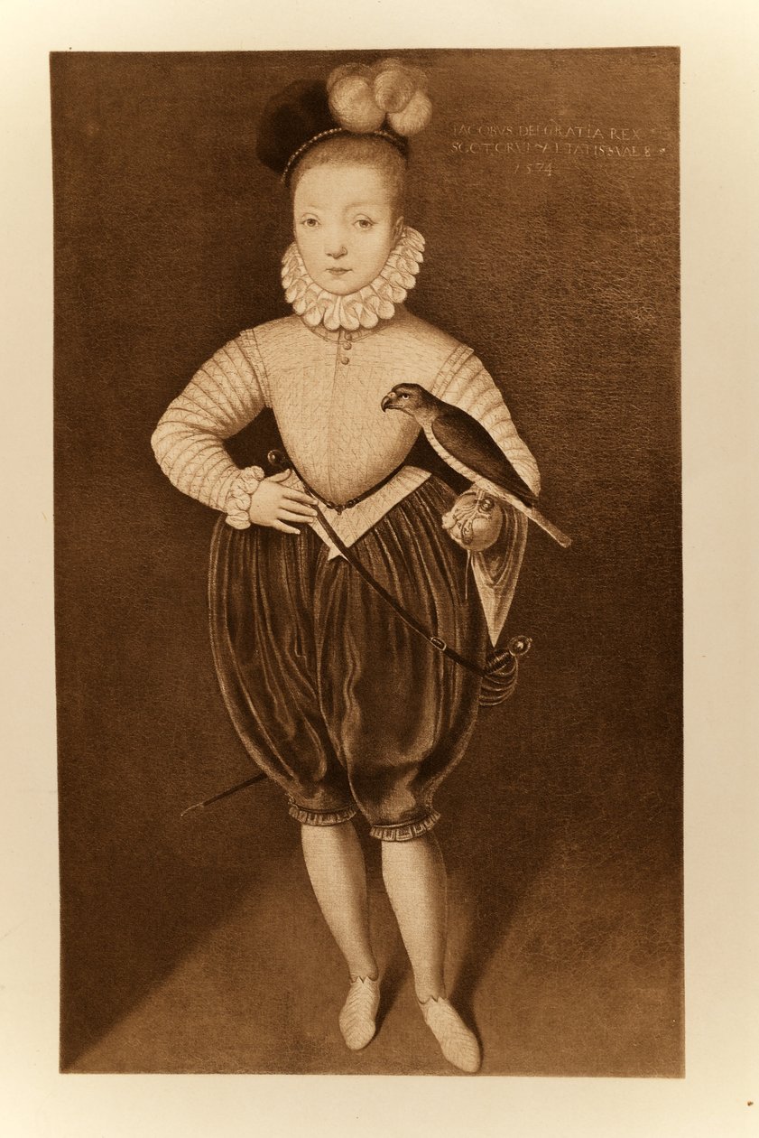 Rei Jaime I da Inglaterra e VI da Escócia quando menino, de &39;James I and VI&39;, impresso por Manzi Joyant und Co. Paris, 1904 (collotype) de Federico Zuccari or Zuccaro