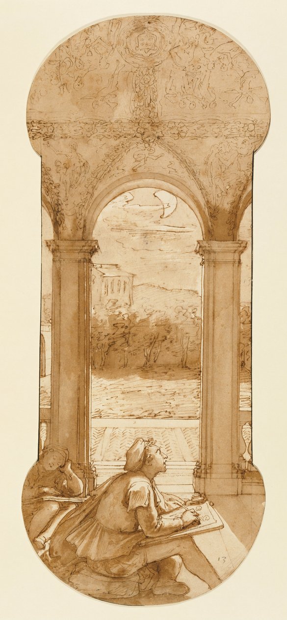 Taddeo Copiando Afrescos Raphaels na Loggia de Villa Farnesina, onde ele também é representado Asl ... de Federico Zuccaro