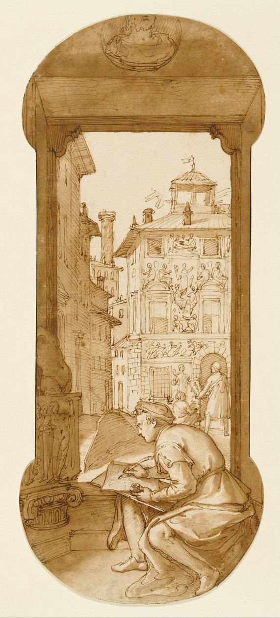 Desenho de Taddeo após a antiguidade; No fundo copiando uma fachada de Polidoro de Federico Zuccaro