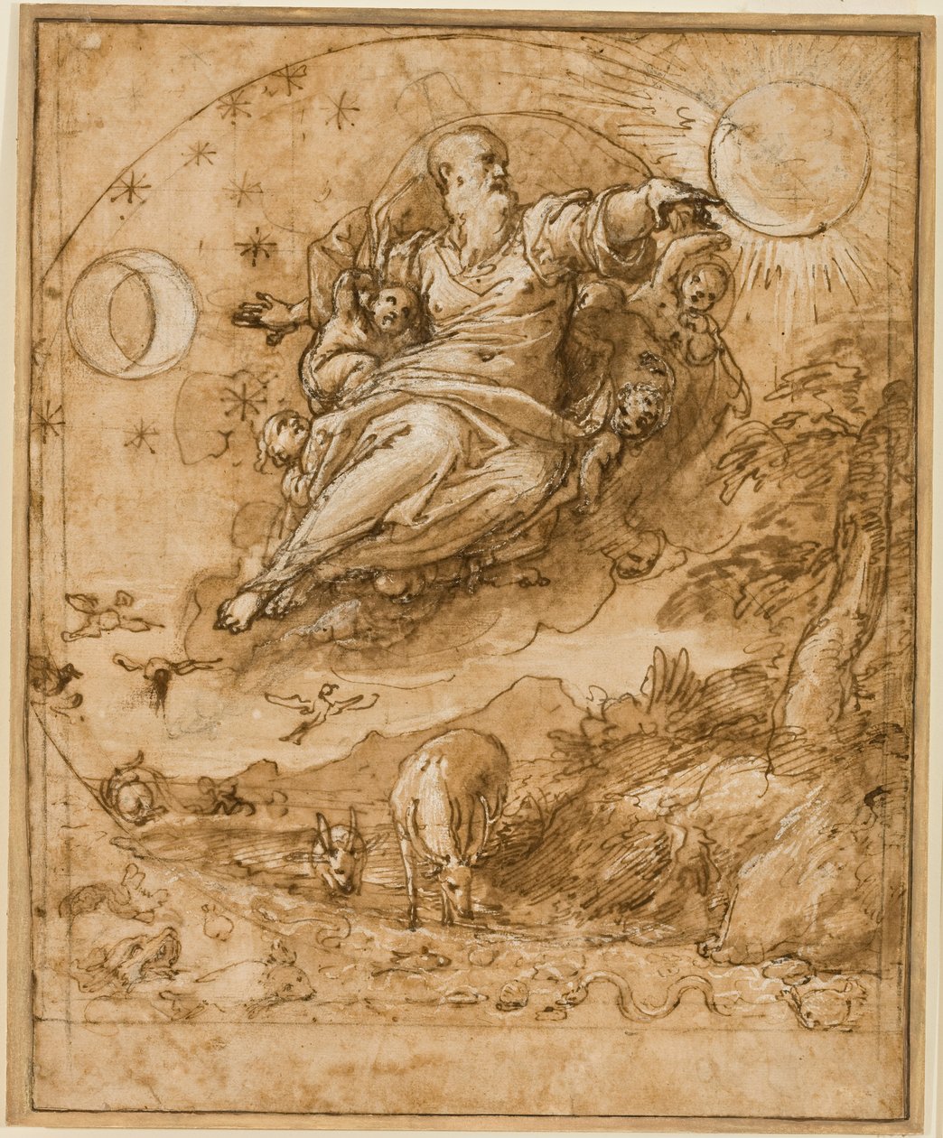 O Senhor Criando o Sol e a Lua, 1566-69 (caneta e tinta, giz, lavagem e branco aumentando no papel) de Federico Zuccaro