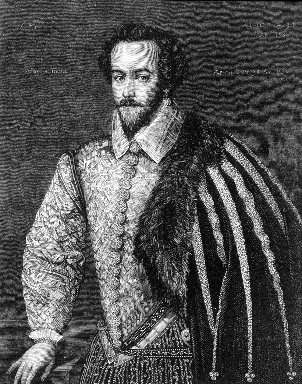Retrato de Sir Walter Raleigh (1554 - 1618), navegador, cortesão e escritor inglês. Gravura depois de uma pintura atribuída a Federico Zuccaro (ou Zuccari) (1549 - 1609) de 1588. de Federico (after) Zuccari or Zuccaro
