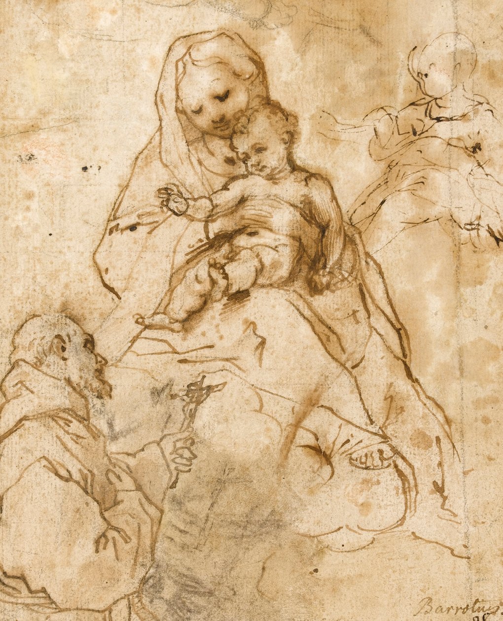 Virgem e criança com São Francisco (giz vermelho com caneta e tinta sobre papel) de Federico Barocci