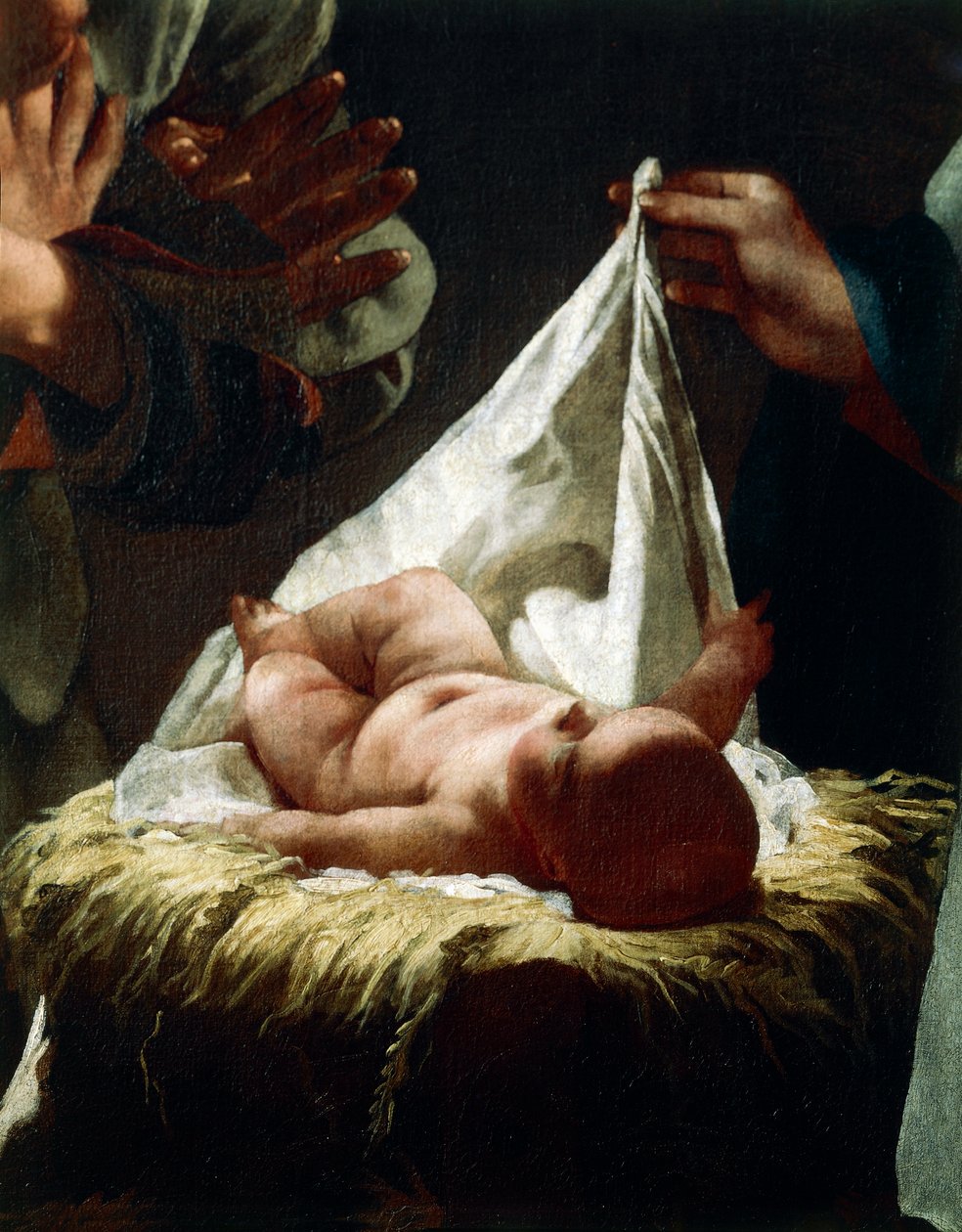 Adoração de pastores de Federico Bencovich (1677-1753), óleo sobre painel, 233x166 cm, detalhe de Federico Bencovich