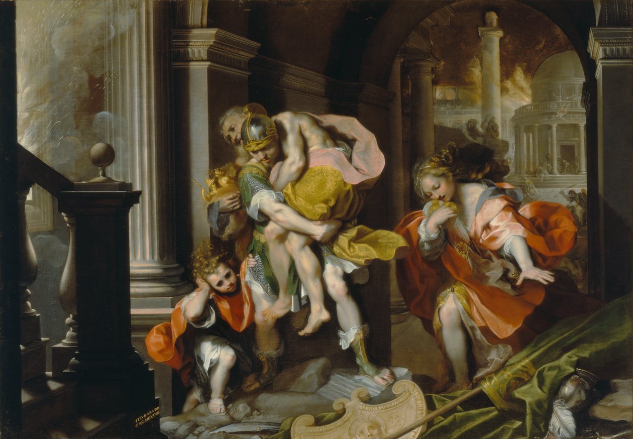 Enéias e Anchises que escapam de Tróia, c.1587 (caneta & tinta e óleo com aumento de branco) de Federico Fiori Barocci or Baroccio