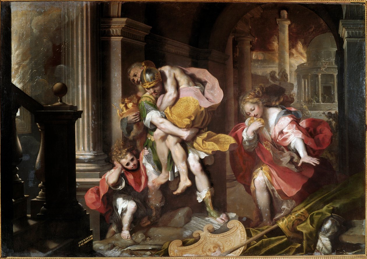 Enee carregando sobre seus ombros seu pai Anchise e fugindo do fogo da Pintura de Tróia por Federico Fiori dit il Barocci (1528/35-1612) 1598 Sol. 179x253 cm Roma, Galleria Borghese de Federico Fiori Barocci or Baroccio