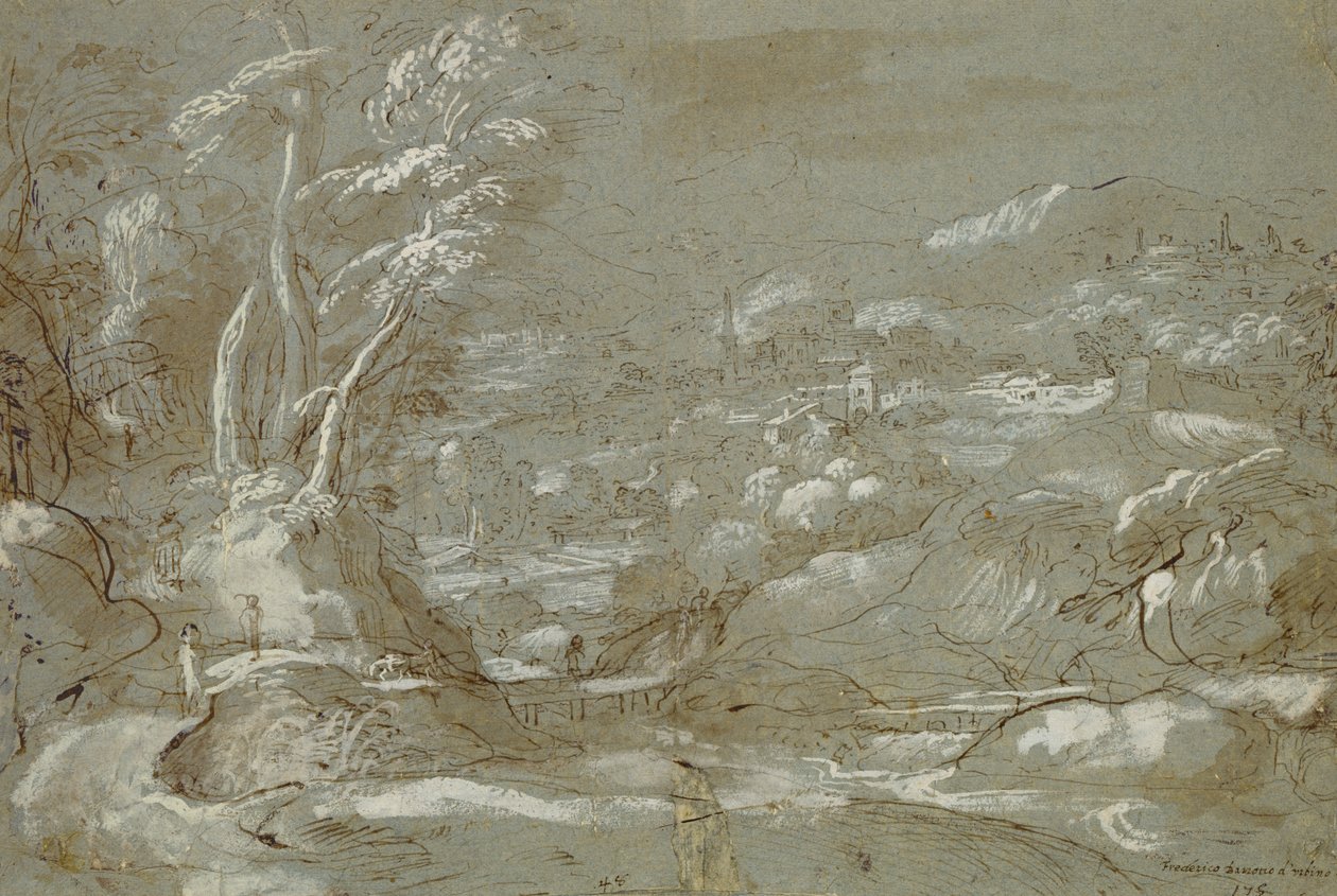 Paisagem (caneta e tinta em papel com realce branco) de Federico Fiori Barocci or Baroccio