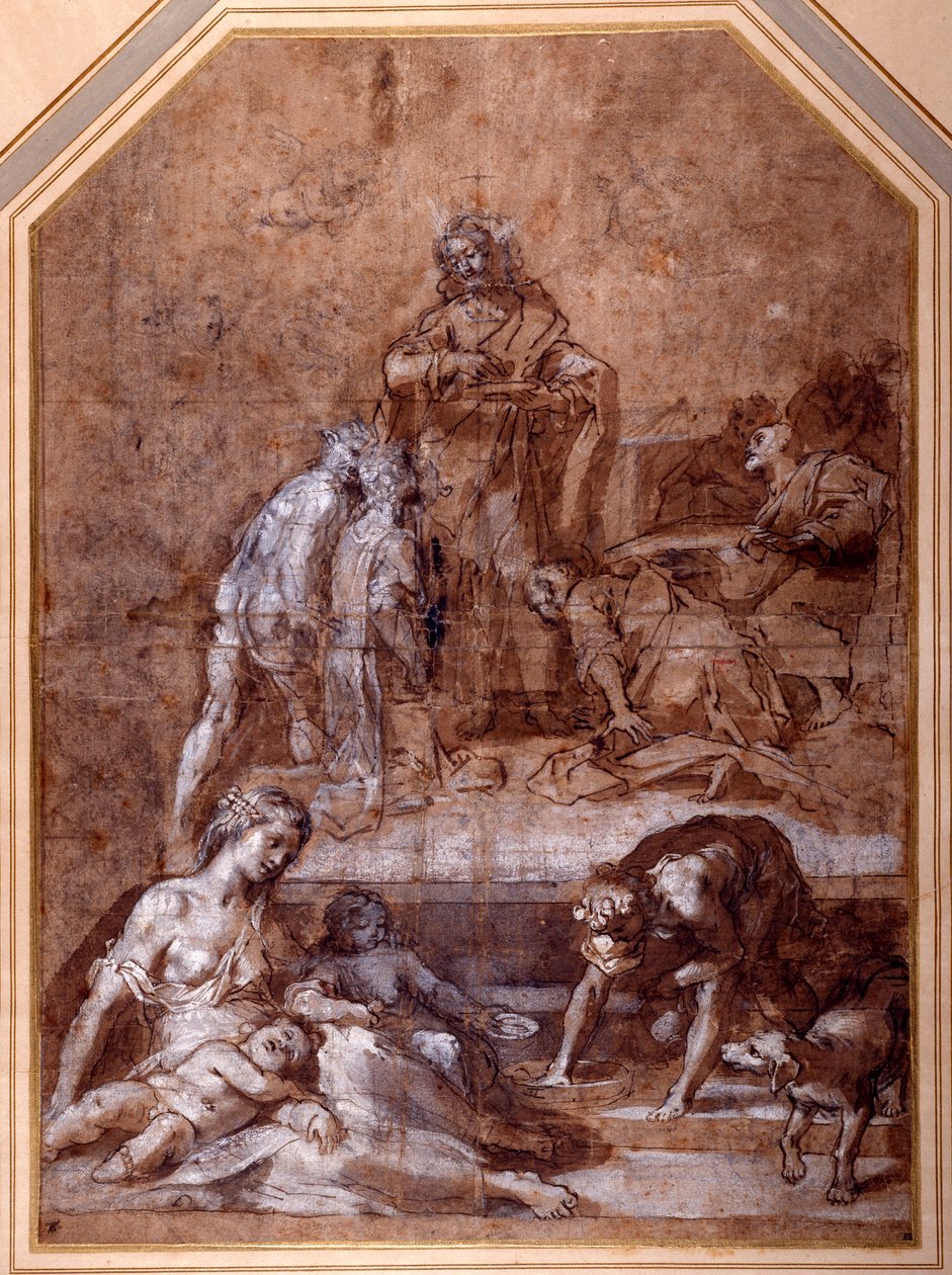 Alegoria religiosa, a reunião do Maná e a Instituição da Eucaristia (caneta, tinta e giz com lavagem, aumentada de branco sobre papel) de Federico Fiori Barocci or Baroccio