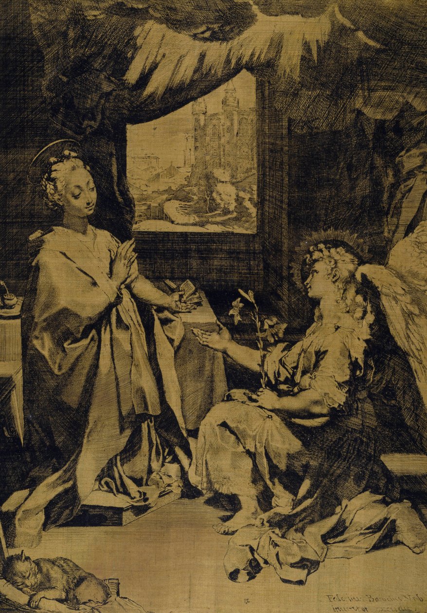 A Anunciação (gravura, gravação e ponto seco em tafetá amarelo seda) de Federico Fiori Barocci or Baroccio