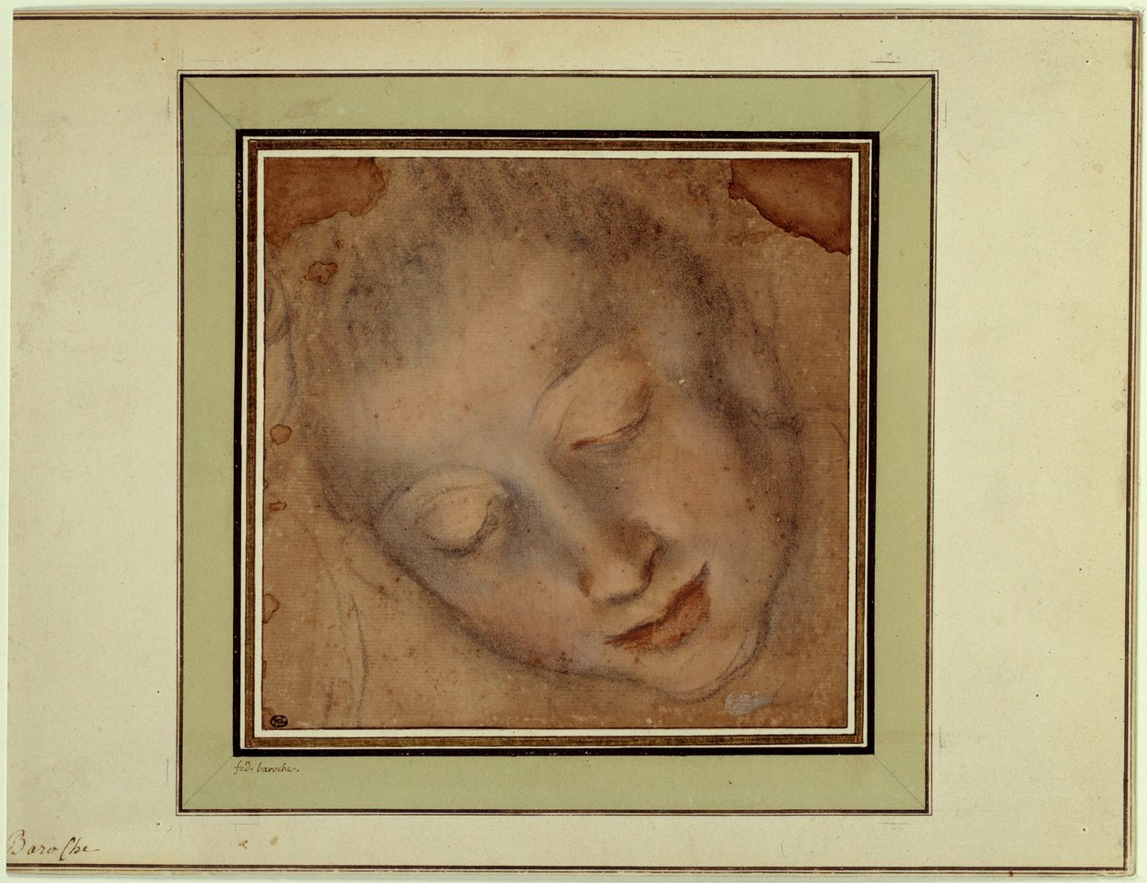 Cabeça de mulher com olhos firmes Desenho com sangue e carvão de Federico Barocci chamado Le Baroche (1526-1613). Paris, Museu do Louvre de Federico Fiori Barocci or Baroccio