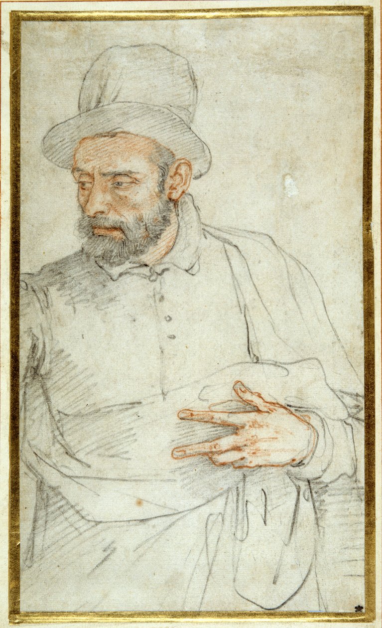 Um homem barbudo, meio comprimento, de pé, vestido para a rua (gizes coloridos sobre papel) de Federico Zuccaro
