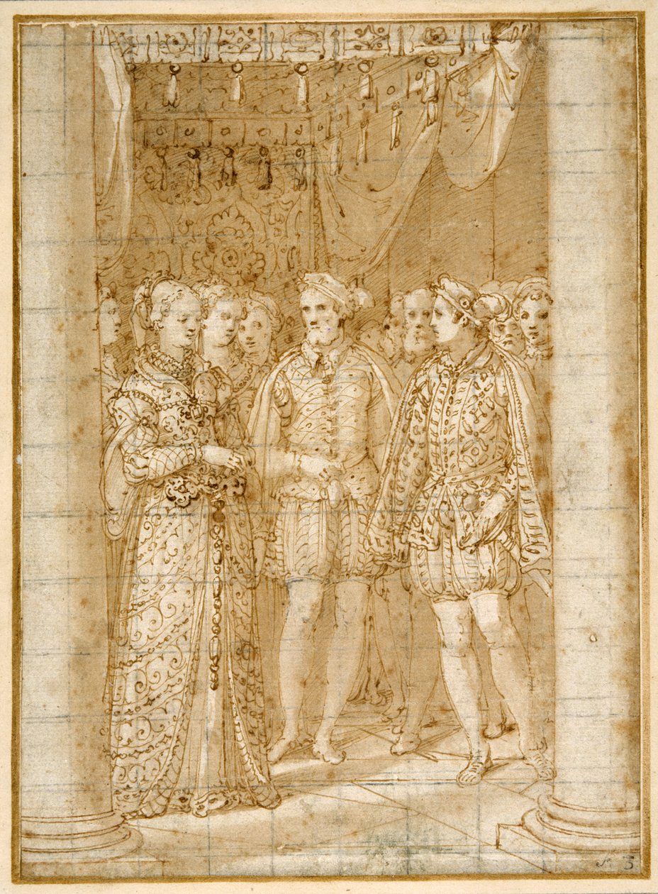 Betrothal de Ottaviano Farnese a Margaret de Parma, na presença de Henri II de França (caneta e tinta sobre papel) de Federico Zuccaro