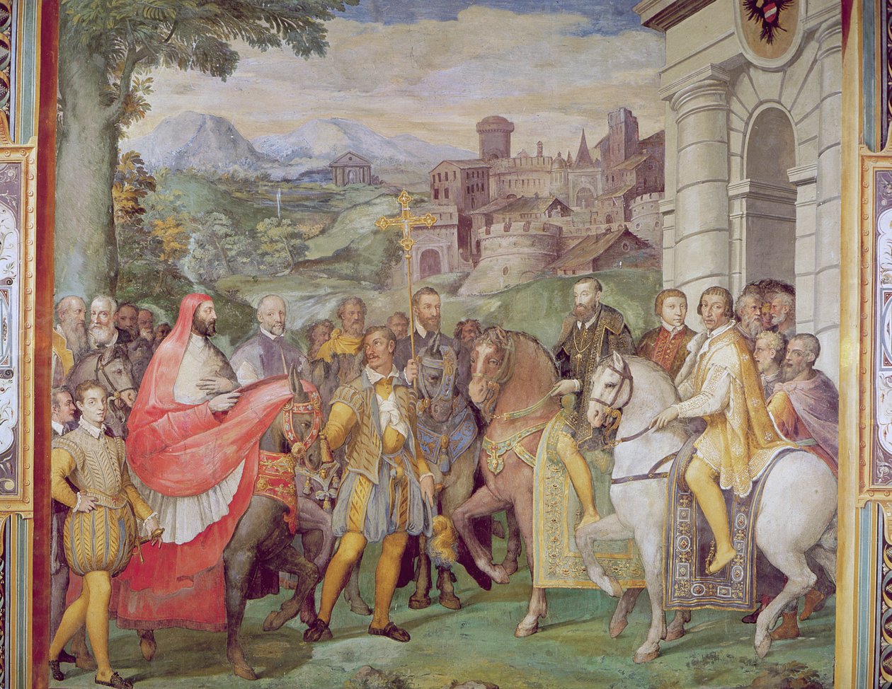 Charles V (1500-58) com Alessandro Farnese (1546-92) em Worms, da &39;Sala dei Fasti Farnese&39; (Salão dos Esplendores dos Farnese), 1557-66 (ver 95812) de Federico Zuccaro