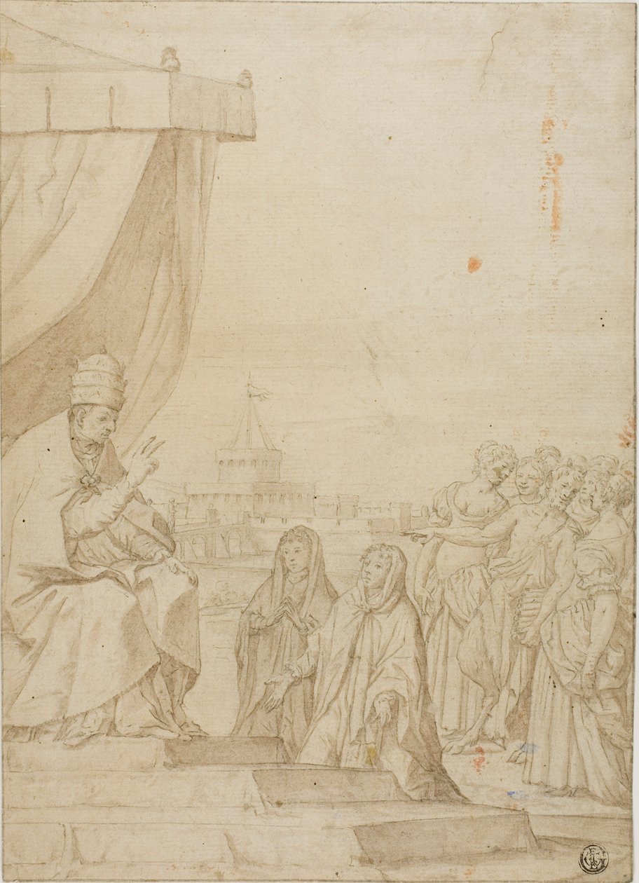 O Papa abençoa duas mulheres na presença de um sátiro e de mulheres reunidas, com o Castelo de Santo Ângelo em pano de fundo de Federico Zuccaro