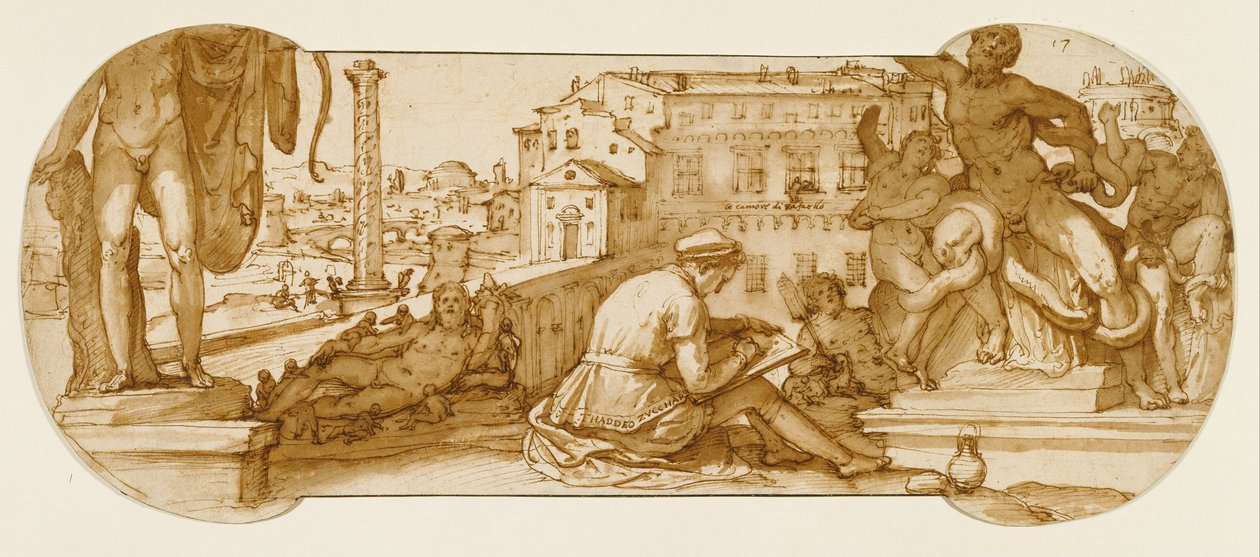 Taddeo no pátio do Belvedere no Vaticano, desenhando o Laocoön de Federico Zuccaro