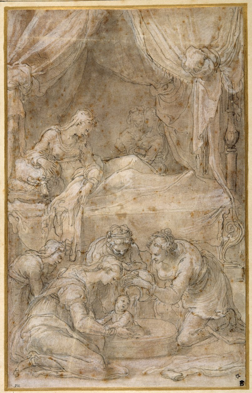 O Nascimento da Virgem, depois de Taddeo Zuccaro (caneta e tinta sobre papel) de Federico Zuccaro