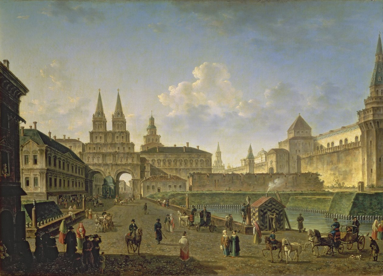 Vista dos Portões Voskresensky e Nikolsky e da Ponte Neglinny da Rua Tverskay em Moscou, 1811 de Fedor Yakovlevich Alekseev