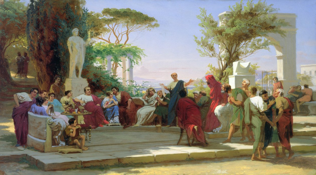 Horácio Lendo suas sátiras a Mecenas, 1863 (óleo sobre papelão) de Fedor Andreevich Bronnikov